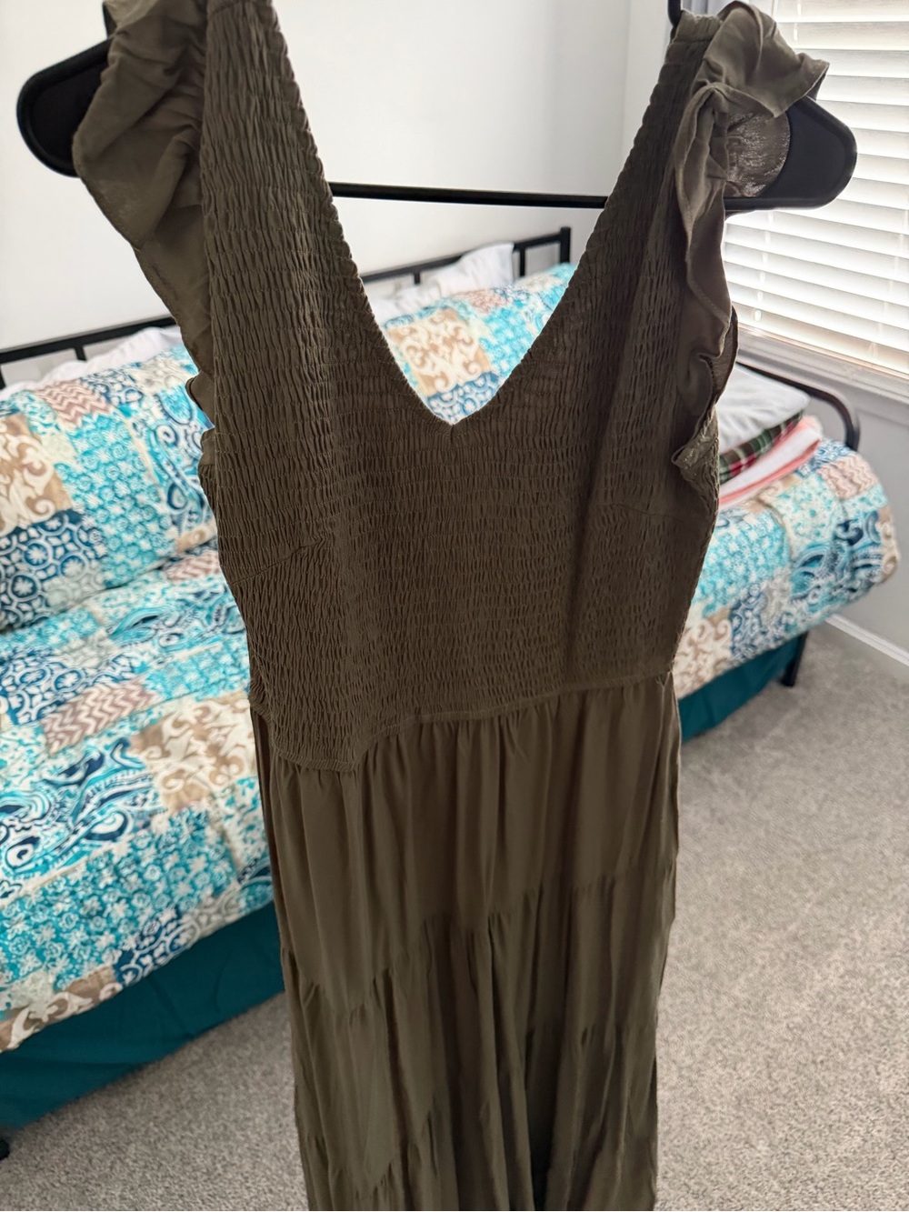 Olive Green Smocked V-Neck Maxi Dress - Women